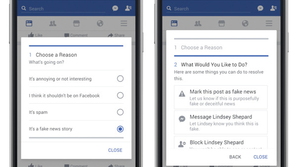 A mockup provided by Facebook shows the screens it will use to allow users to report a potential hoax or fake news story. A mockup provided by Facebook shows the screens it will use to allow users to report a potential hoax or fake news story.