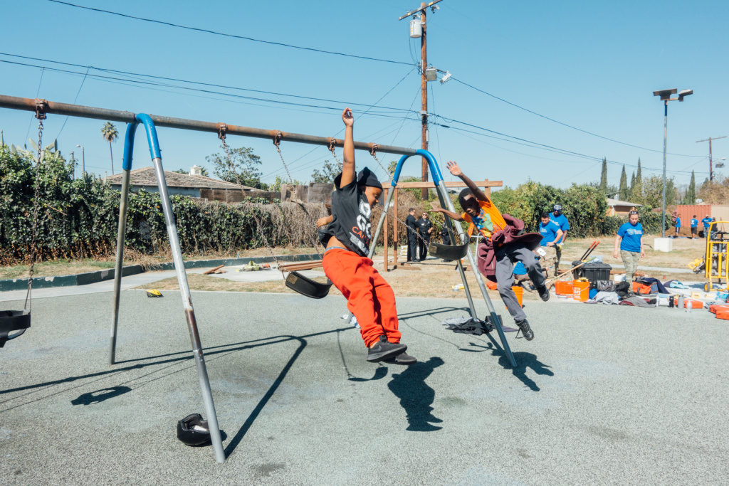 The Mission Continues swing set Watts Fun on the swing set at Gonzaque Village in Watts during the Mission Continues service platoon event on Saturday, February 24th, 2018.