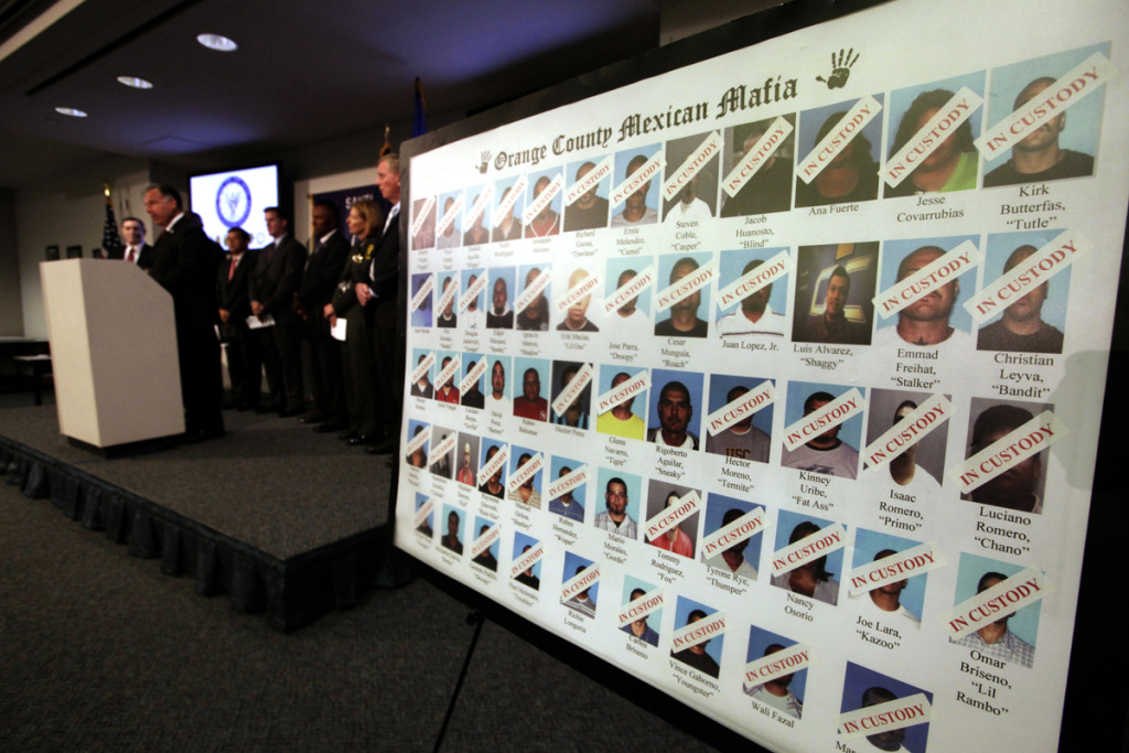 Mercer 19433 Federal state and local law enforcement are shown during a news conference Wednesday July 13, 2011 in Santa Ana, Calif., where authorities announced dozens of people have been arrested in an Orange County crackdown on gangs with ties to the Mexican Mafia. The raids followed a 2 1/2-year investigation.
