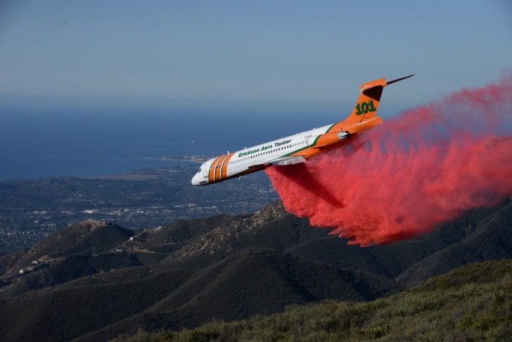 A DC-10 air tanker makes a drop in the foothill above Santa Barbara-Montecito on Thursday, Oct. 29, 2015.