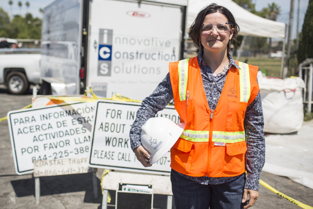 Exide Cleanup - California Department of Toxic Substances Control senior scientist Sarah Cromie at an April 2016 soil removal operation at an East Los Angeles home, part of the Exide cleanup.