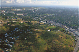 Mercer 7517 Aerial of Baldwin Hills Scenic Overlook with the Ballona Creek winding through Culver City to the Ballona Wetlands and emptying into the Pacific Ocean at Marina Del Rey.