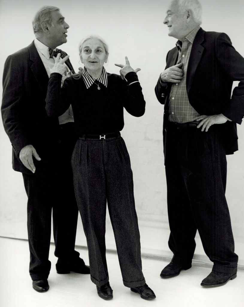 This undated publicity photo provided by Merchant Ivory Productions shows Oscar-winning screenwriter and award-winning novelist Ruth Prawer Jhabvala (center) with film director and producer Ismail Merchant (left) and director James Ivory in a studio. Jhabvala, 85, died in New York on Wednesday.