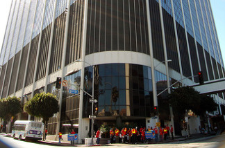 Protesters gather in front of the LAUSD headquarters on South Beaudry Avenue in Los Angeles, Calif. File photo.