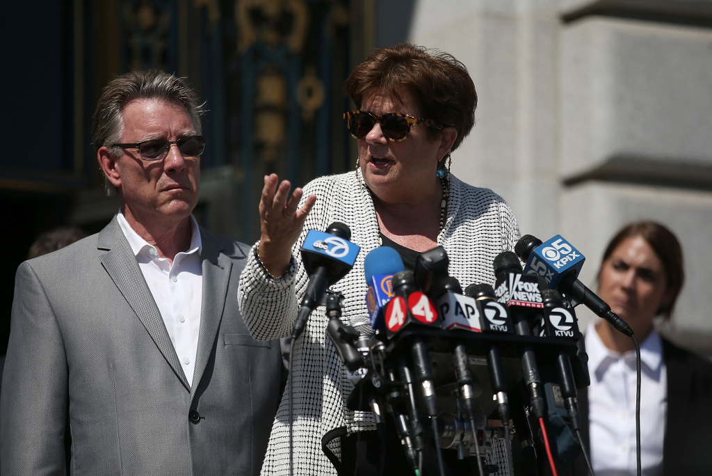 Parents Of Kate Steinle Hold News Conference In San Francisco Liz Sullivan and Jim Steinle, the parents of Kate Steinle, who was killed by an undocumented immigrant, speak during a news conference on September 1, 2015 in San Francisco, California.