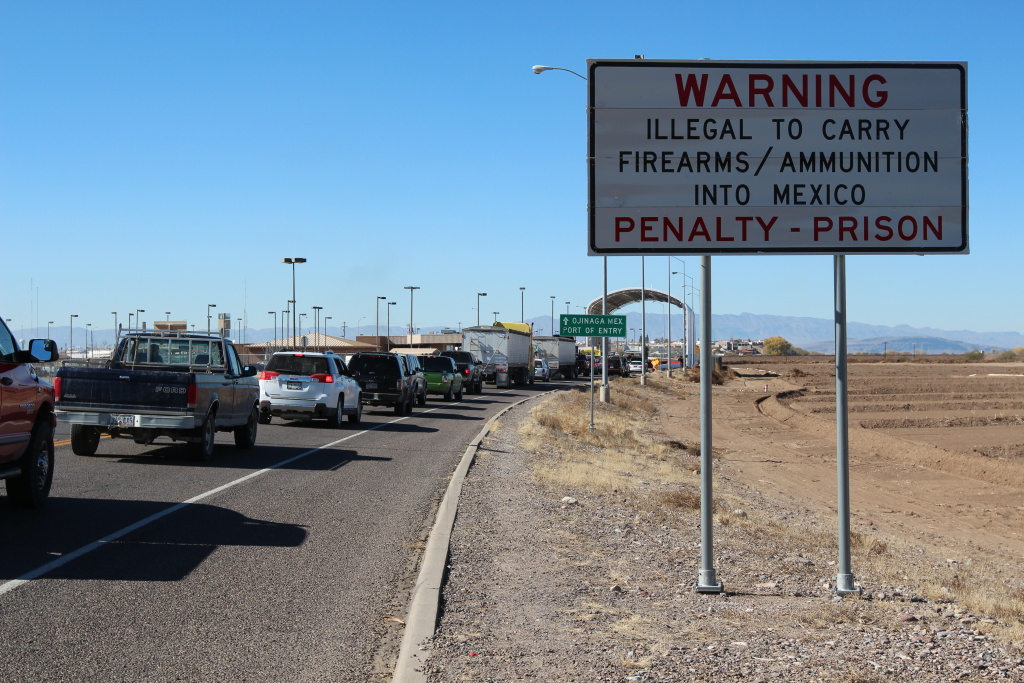 Border Christmas Passengers entering Ojinaga, Chihuahua stop before entering Mexico under a recently constructed metal canopy where they are questioned before leaving the United States.