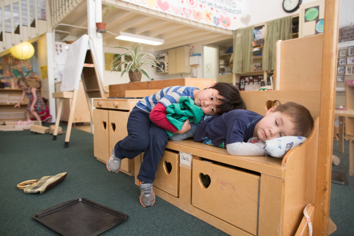 A preschool student at La Canada's Child Educational Center plays with mud. Jordan Young, a neuroscientist,  emphasizes that associations between gender and color, or gender and specific activities aren’t hardwired in the baby’s brain – the physical and social environment we give to kids builds them up