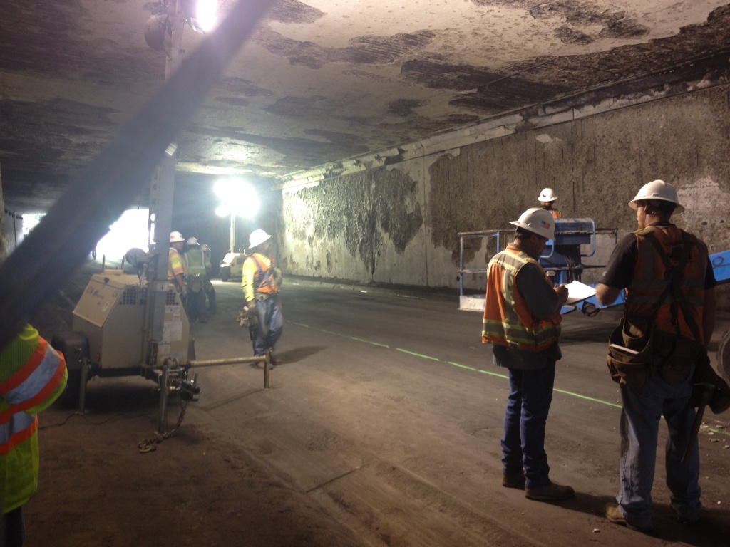 I-5 Repairs Construction crews work on the I-5 underpass Sunday where a tanker flipped and caught fire on Saturday, July 13. Caltrans said Monday that all northbound lanes of the freeway will remain closed until Tuesday, as will two southbound lanes at the underpass connecting I-5 and State Route 2.