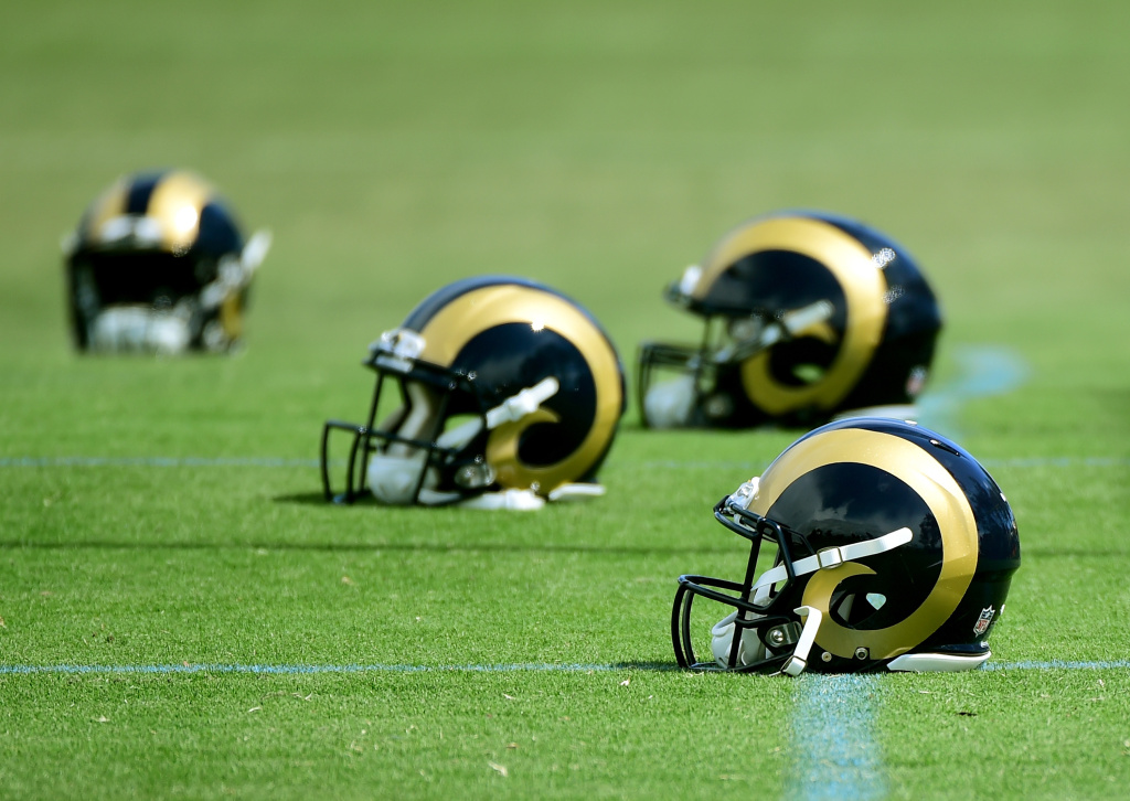 OXNARD, CA - MAY 06: The Los Angeles Rams helmets lay on the field during a Los Angeles Rams rookie camp on May 06, 2016 in Oxnard, California. (Photo by Harry How/Getty Images)