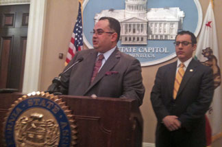 California state Assembly Speaker John Perez (D-Los Angeles) giving an update on the sate budget. ASM Budget Chair Bob Blumenfield is on the right.