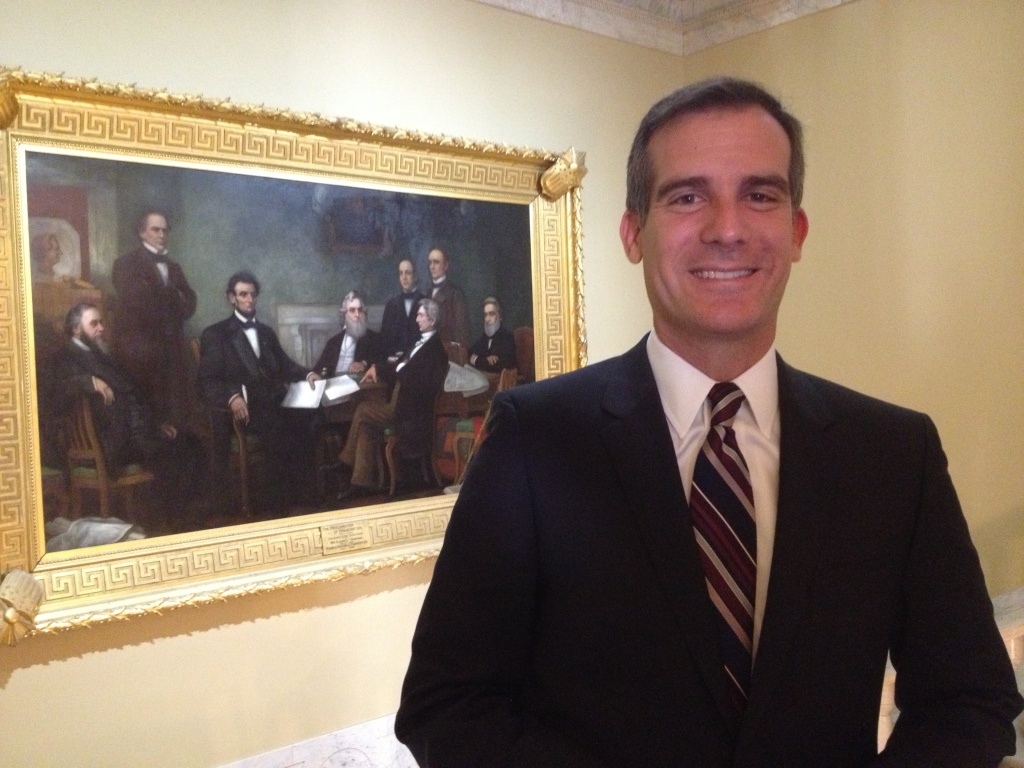 Eric Garcetti in DC Los Angeles Mayor Eric Garcetti, outside a reception room in the U.S. Capitol where he met with U.S. Senator Barbara Boxer about the L.A. River restoration project.