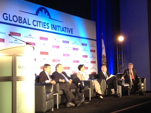 A panel discussion at the Global Cities Initiative, which convened at USC on March 21 at USC in Los Angeles. On the agenda was the shift from trade between countries to trade between cities.