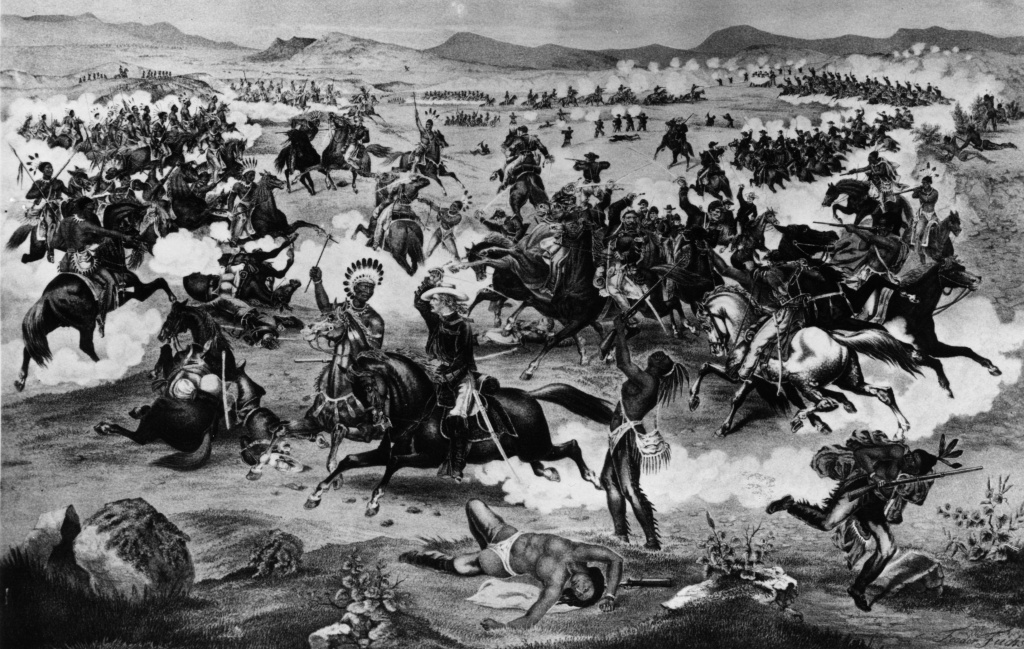 Custer's Last Stand June 25, 1876: General Custer and Crazy Horse (center) during the battle of the Little Big Horn between the U.S. Army and Sioux Native Americans commanded by chief Crazy Horse. Custer had underestimated the size of the encampment and all his column were killed. Original Artwork: Painting by Feodor Fuchs Entitled Custer's Last Charge