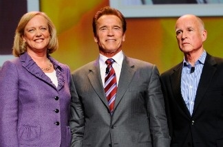 Mercer 11541 California Gov. Arnold Schwarzenegger joins California Republican gubernatorial candidate and former eBay CEO Meg Whitman and California Attorney General and Democratic gubernatorial candidate Jerry Brown during a discussion in Long Beach, California.