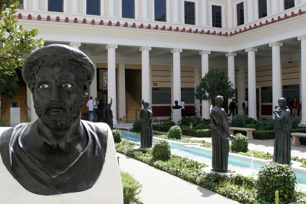View of the Patio of the Getty Villa in Malibu, UNITED STATES: View of the Patio of the Getty Villa in Malibu, California, 12 October 2006. The Getty Villa exhibits classical antiquities collection of Greek, Roman and Etruscan art. The Villa is modeled after a Roman country house buried by the eruption of Mt. Vesuvius in 79 AD. AFP PHOTO/GABRIEL BOUYS (Photo credit should read GABRIEL BOUYS/AFP/Getty Images)