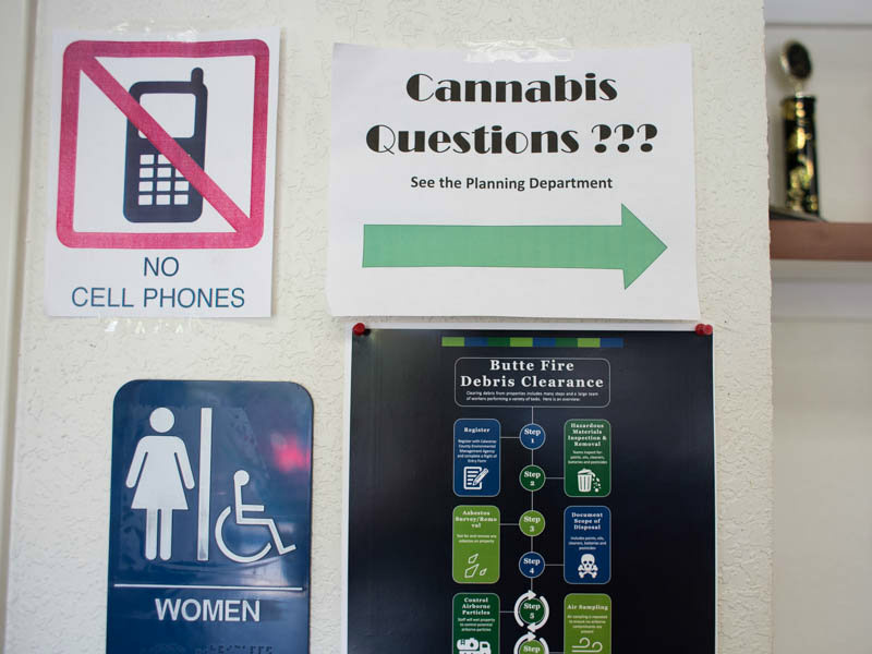 Calaveras County marijuana / California Counts The Calaveras Planning Department approved about 700 permits for growing cannabis, far more than anticipated, sign pictured in Calaveras County office October 2016.
