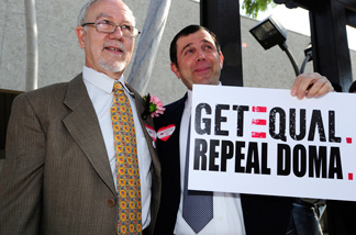 Nowlin Haltom (left) and Michael McKeon join other same-sex couples in a national "Request Marriage" action this Valentine's Day outside the Los Angeles County Clerk's Office. The couples requested and were refused marriage licenses.