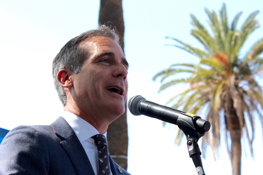 Garcetti Eric Mayor Los Angeles KPCC Los Angeles Mayor Eric Garcetti speaks during the launch event for an anti-homelessness campaign on Fri., Mar. 9, 2018.