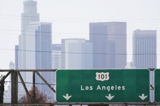 The downtown Los Angeles skyline is seen from an eastside freeway. LA Mayor Antonio Villaraigosa delivered his State of the City address today.