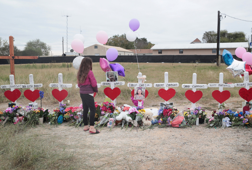 26 People Killed And 20 Injured After Mass Shooting At Texas Church Visitors pay their respects at a memorial where 26 crosses were placed to honor the 26 people killed at the First Baptist Church of Sutherland Springs on November 5, 2017 in Sutherland Springs, Texas.