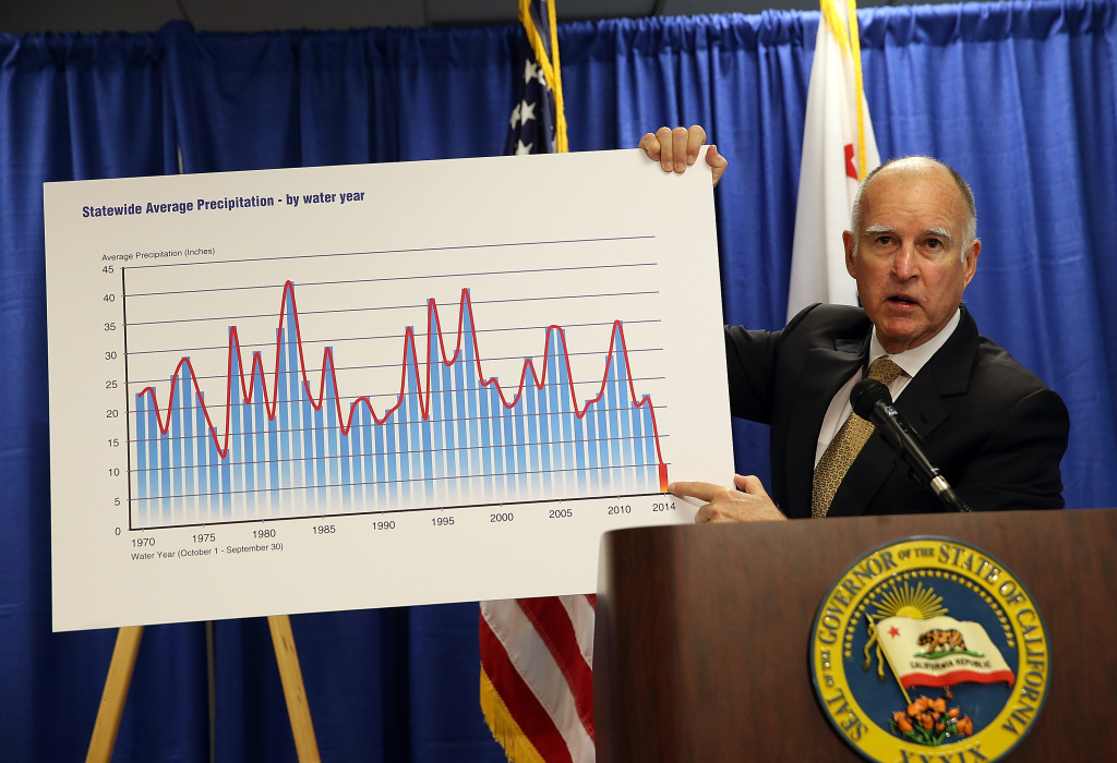 Governor Brown Declares Statewide Drought Emergency California Gov. Jerry Brown holds a chart showing statewide average precipitation as he speaks during a news conference on January 17, 2014 in San Francisco. Gov. Brown declared a drought state of emergency for California as the state faces water shortfalls in what is expected to be the driest year in state history. Residents are being asked to voluntarily reduce water usage by 20%.