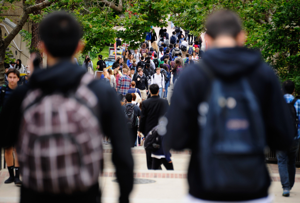 UCLA Students LOS ANGELES, CA - APRIL 23: Students walk across the campus of UCLA on April 23, 2012 in Los Angeles, California. (Photo by Kevork Djansezian/Getty Images)