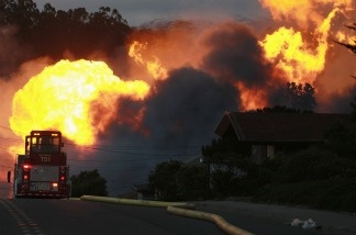 Flames from a massive fire September 9, 2010 in San Bruno, California on the day a gas pipeline exploded.