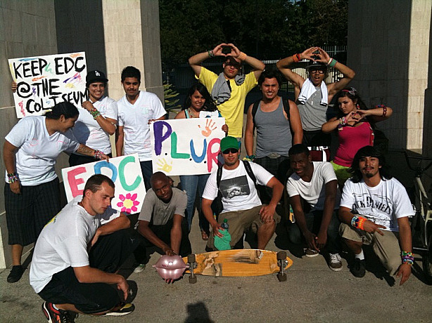 Youthful supporters of raves gathered at the L.A. Coliseum to show their support for rave-type events held at public spaces.