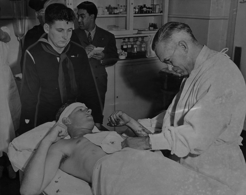 zoot suit 6 Donald Jackson, a 20-year-old sailor, who was slashed in the abdomen in a riot between servicemen and zoot-suiters on Thurday, June 3, 1943, is shown being treated in the hospital.
