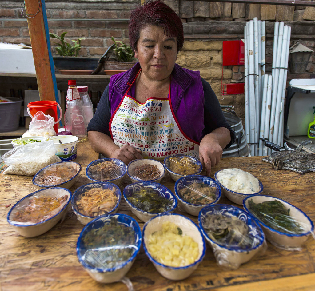 MEXICO-GASTRONOMY Veronica Mendoza is seen with several different fillings to make 'quesadillas' with vegetable and grain tortillas at her restaurant in Mexico City on January 22, 2013. Her take on the traditional tortillas, made with vegetables and grains, are an attempt to make 'quesadillas' (stuffed fried tortilla) healthier.