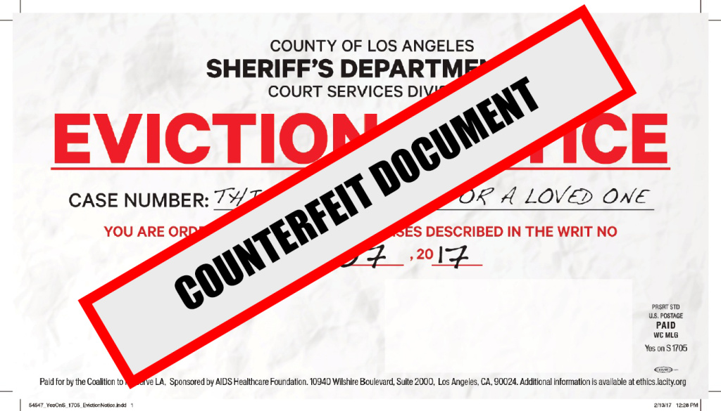 A photo released by the L.A. County Sheriff's Department showing a mailer put out by supporters of Measure S designed to look like an eviction notice. A photo released by the L.A. County Sheriff's Department showing a mailer put out by supporters of Measure S designed to look like an eviction notice.