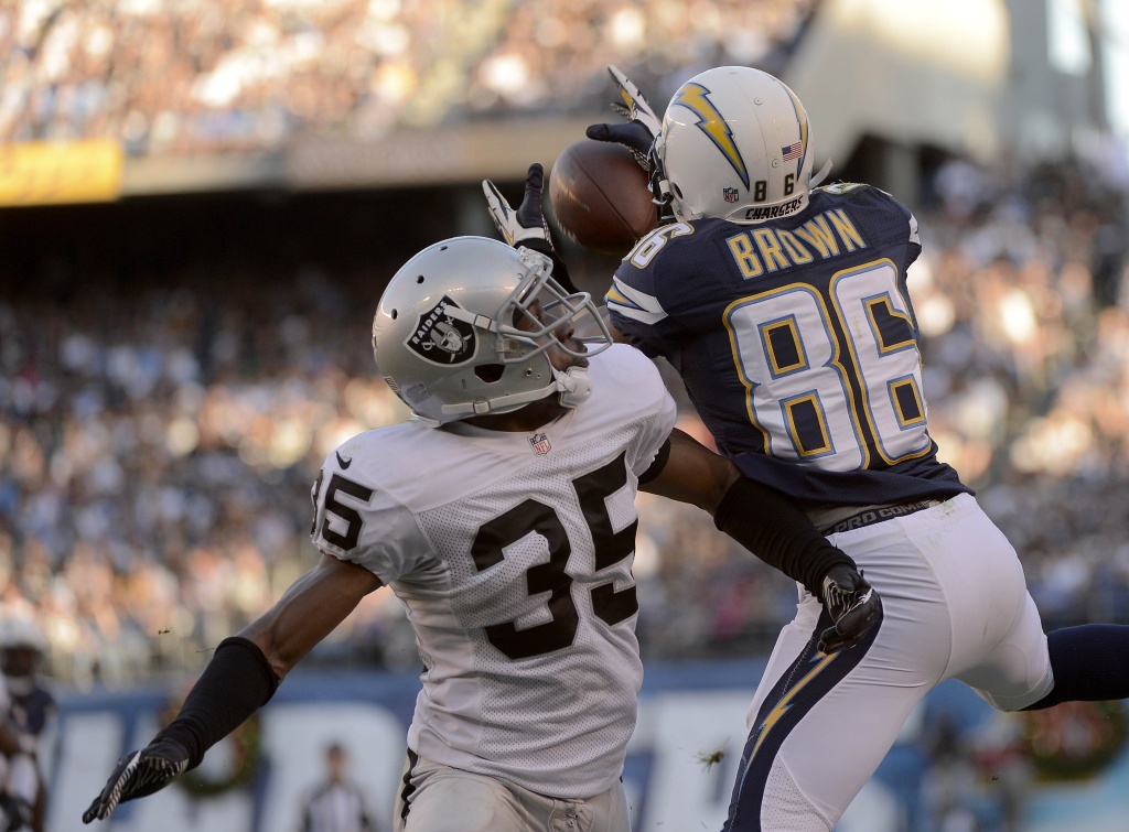 Oakland Raiders v San Diego Chargers SAN DIEGO, CA - DECEMBER 22: Vincent Brown #86 of the San Diego Chargers goes up for the ball against Chimdi Chekwa #35 of the Oakland Raiders on December 22, 2013 at Qualcomm Stadium in San Diego, California. Now, the two teams' destinies seem intertwined.