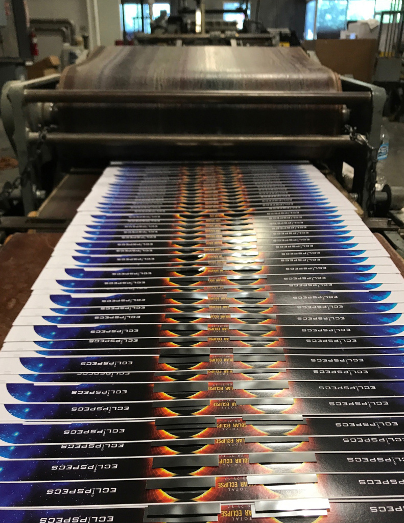 Eclipse viewers on the production line at an American Paper Optics facility. The company says it has already sold 65 million of these viewers for the upcoming total solar eclipse. Eclipse viewers on the production line at an American Paper Optics facility. The company says it has already sold 65 million of these viewers for the upcoming total solar eclipse.