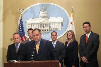 Assembly Speaker John A. Perez speaks at a press conference on August 19, 2010 announcing legislation in response to the scandals involving the pay of Bell city officials.