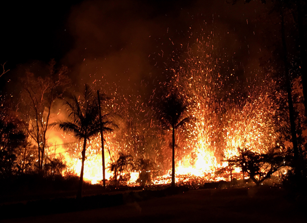 Hundreds Forced To Evacuate After Hawaii's Kilauea Volcano Erupts In this handout photo provided by the U.S. Geological Survey, lava erupts from a new fissure from Luana Street after the eruption of Hawaii's Kilauea volcano on May 5, 2018 in the Leilani Estates subdivision near Pahoa, Hawaii.