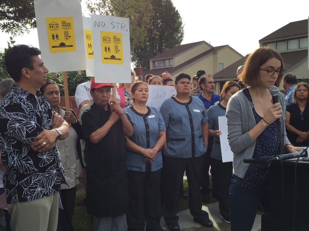 Hotel union workers attend a press conference Monday in a South Anaheim neighborhood organized by an Orange County community activist group petitioning Anaheim city officials to ban short-term rentals. Hotel union workers attend a press conference Monday in a South Anaheim neighborhood organized by an Orange County community activist group petitioning Anaheim city officials to ban short-term rentals.