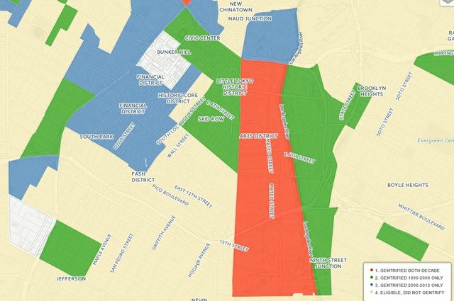 Transit gentrification map A team at UCLA mapped gentrification and displacement along transit lines and found clear correlations between public investment in light rail and neighborhood changes.