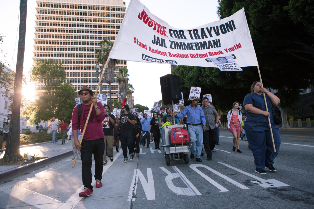 George Zimmerman Protests Los Angeles Trayvon Martin LAPD Hundreds of protesters march through downtown Los Angeles on July 16th, 2013 in response to the George Zimmerman case verdict.