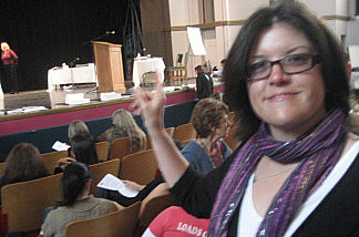 Long Beach teacher Vanessa Dody at a recent hearing for pink-slipped teachers.