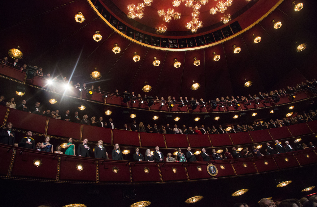 39th Annual Kennedy Center Honors WASHINGTON, DC - DECEMBER 4: President Barack Obama, first lady Michelle Obama and the honorees listen to the US National Anthem during the Kennedy Center Honors show December 4, 2016 at the Kennedy Center in Washington, DC. The honorees include the band The Eagles, singer Mavis Staples, actor Al Pacino, singer James Taylor and pianist Martha Argerich. (Photo by Aude Guerrucci-Pool/Getty Images)