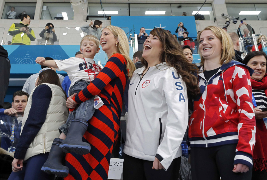 Pyeongchang 2018 Winter Olympics PYEONGCHANG, CHINA - FEBRUARY 24: Ivanka Trump, U.S. President Trump's daughter and senior White House adviser, holds Luke Shuster, son of skip John Shuster of the U.S team next to athletes Cory Christensen and Rebecca Hamilton as she attends the Men's Gold Medal Curling match between Sweden and United States of America at Gangneung Curling Centre on February 24, 2018 in Gangneung, South Korea. Ivanka Trump is on a four-day visit to South Korea to attend the closing ceremony of the PyeongChang Winter Olympics. (Photo by Eric Gaillard-Pool/Getty Images)