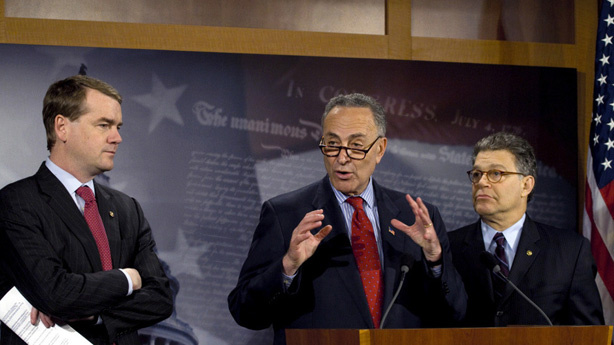 Sen. Michael Bennet, D-Colo., Sen. Charles Schumer, D-N.Y., Sen. Al Franken, D-Minn., at a news conference on Capitol Hill. The three shared their concerns with Facebook's new information policy.