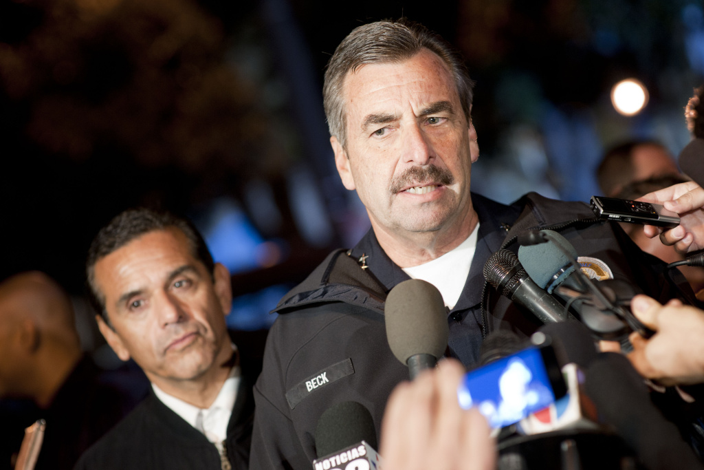 Los Angeles Police Move In To Evict Occupy LA Encampment Los Angeles Police Department Chief Charlie Beck talks to members of the media in front of City Hall in downtown in the early hours of November 30, 2011 in Los Angeles, California.