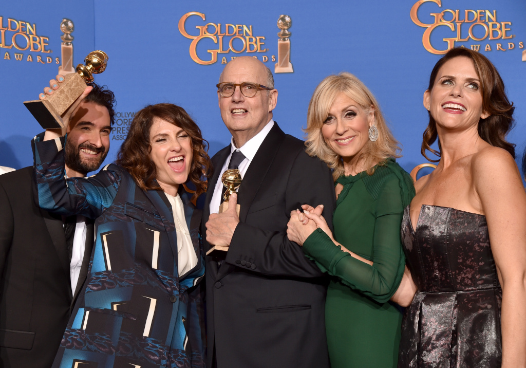 72nd Annual Golden Globe Awards - Press Room (L-R) Actor Jay Duplass, writer/producer/director Jill Soloway, actors Jeffrey Tambor, Judith Light and Amy Landecker, winners of Best Actor in a Television Series  Musical or Comedy for 'Transparent,' pose in the press room during the 72nd Annual Golden Globe Awards.