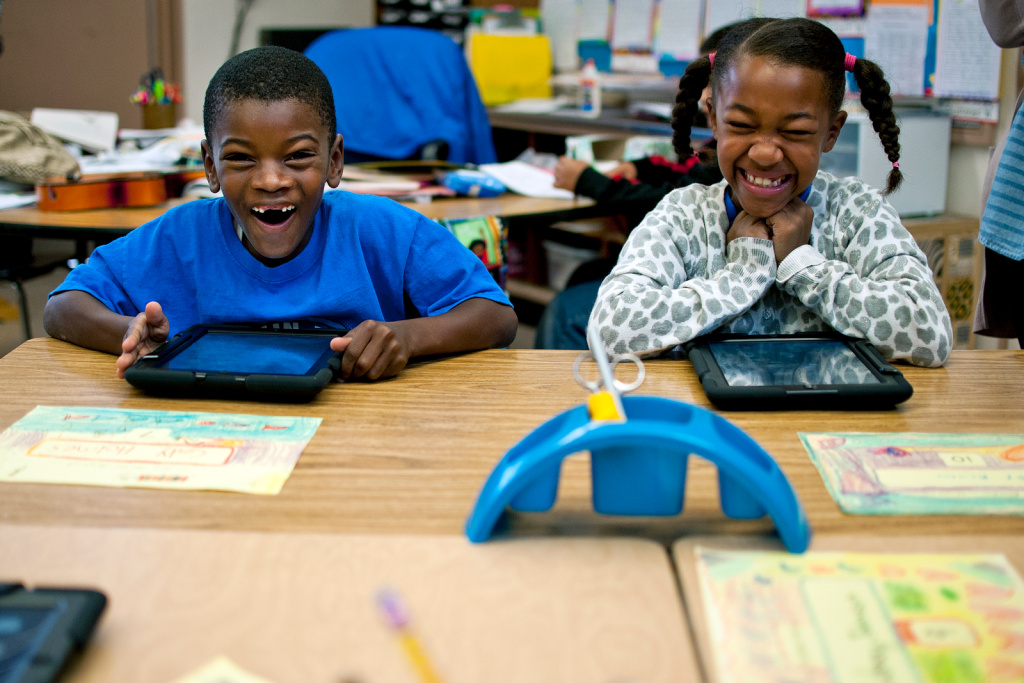 Baldwin Hills iPad - 1 Second graders at Baldwin Hills Elementary students react as they get their iPads for the first time on Friday, Nov. 15. Baldwin Hills is the final school to receive iPads as part of LAUSD's pilot program.
