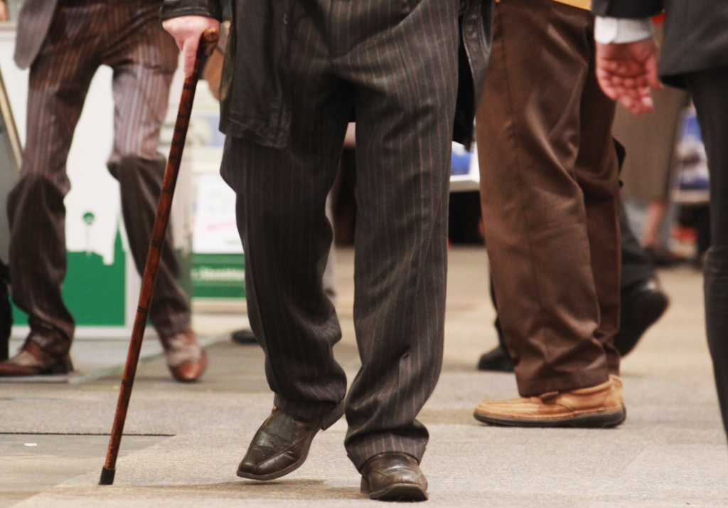 Senior Citizens Convention Elderly visitors with walking sticks walk through a trade fair at the “Seniorentag 2012” senior citizens convention on May 3, 2012 in Hamburg, Germany.