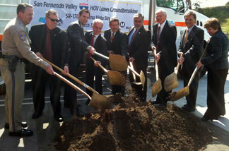 Bill Dance, Mike Miles, Cameron Smyth, Paul Krekorian, Zev Yaroslavsky, Jess Talamantes, Michael Antonovich, Ara Najarian, Cindy McKim next to I-5 at Buena Vista where construction on the project will begin.