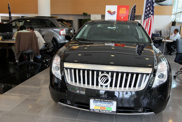 A brand new Mercury Milan is displayed in the showroom at San Francisco Ford Lincoln Mercury June 2, 2010 in San Francisco, California. Ford Motor Co. announced plans to shut its struggling Mercury brand after Ford's board of directors voted to discontinue the 71-year old brand.