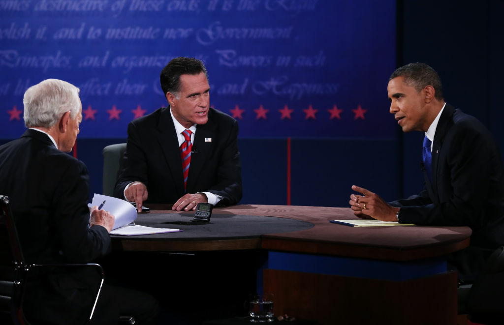 Obama And Romney Spar In Final Debate Before Presidential Election U.S. President Barack Obama (R) debates with Republican presidential candidate Mitt Romney as moderator Bob Schieffer (L) of CBS looks on at the Keith C. and Elaine Johnson Wold Performing Arts Center at Lynn University on October 22, 2012 in Boca Raton, Florida. The focus for the final presidential debate before Election Day on November 6 is foreign policy.