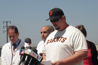 John Stow, the cousin of San Francisco Giants fan Bryan Stow, addresses the media on Tuesday, April 5, 2011, asking the public for any information leading to the Los Angeles Dodgers fans who attacked his cousin after a game last week.